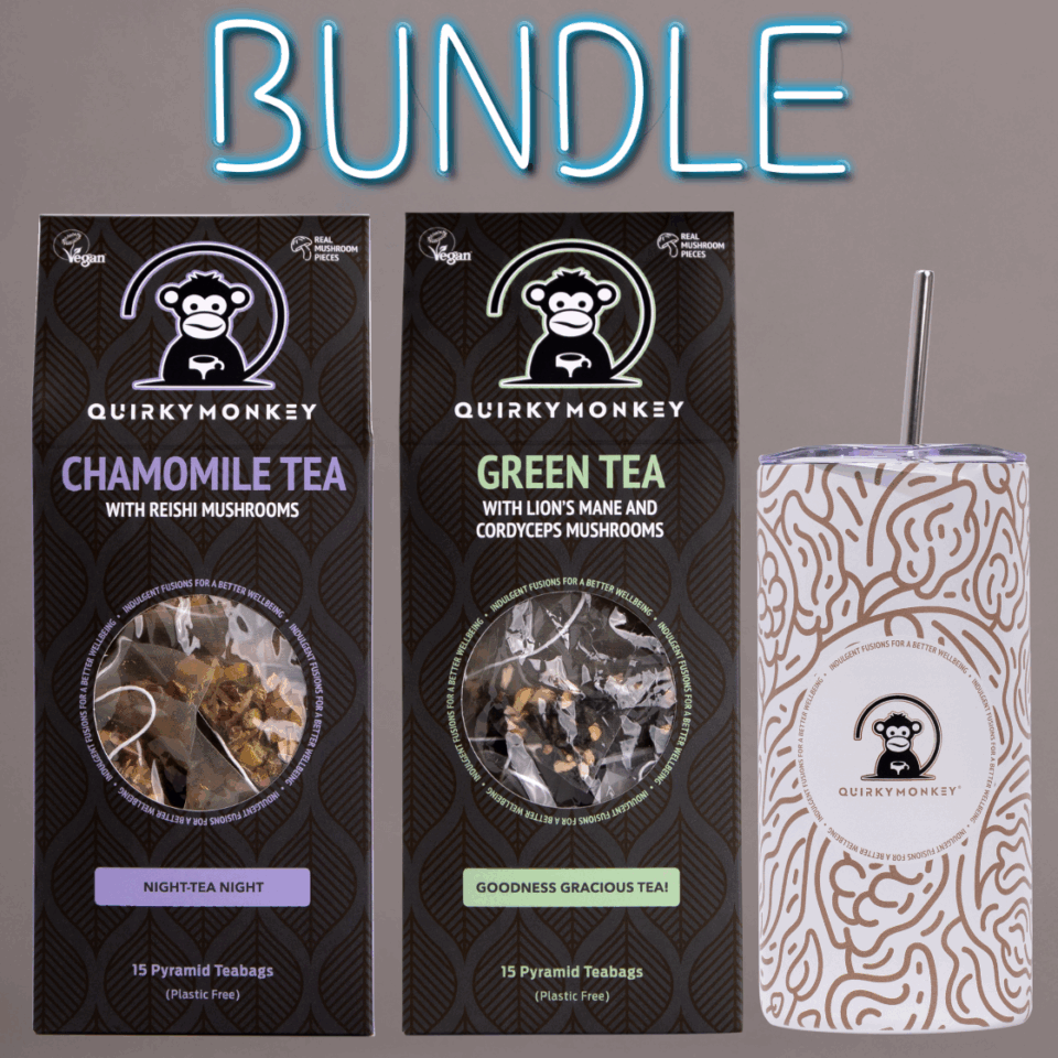 Quirky Monkey 2 x Mushroom Tea and Stainless Steel Tumbler Bundle