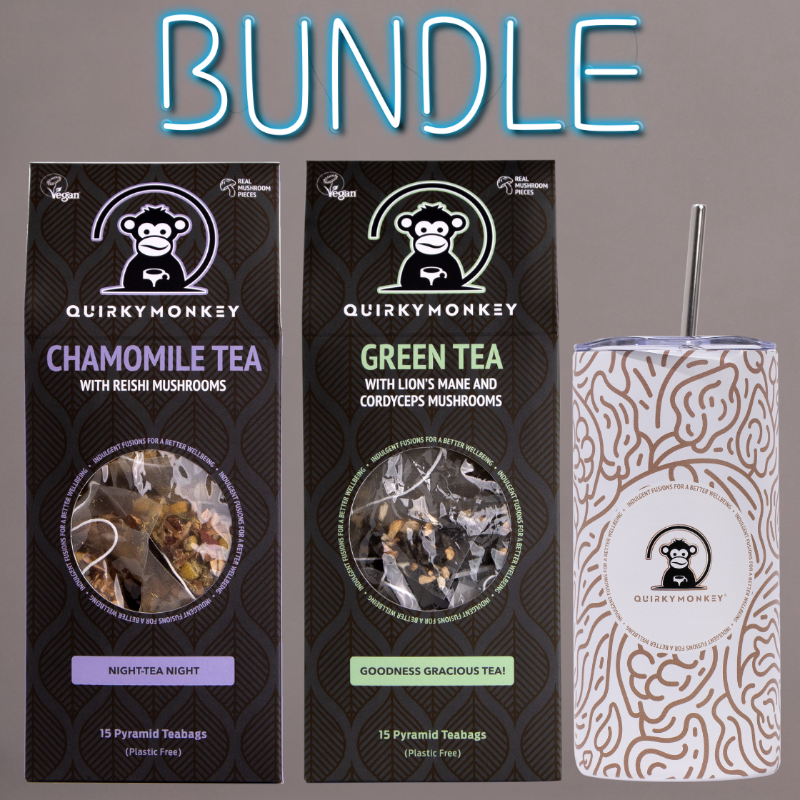 Quirky Monkey 2 x Mushroom Tea and Stainless Steel Tumbler Bundle
